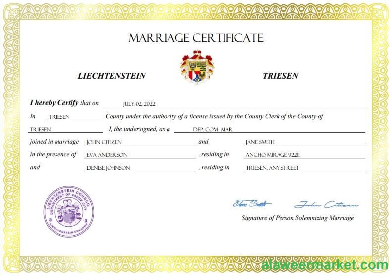Liechtenstein marriage certificate Word and PDF template